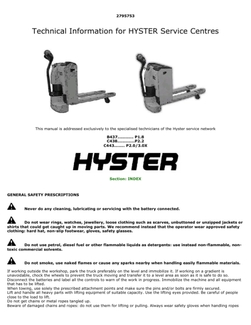 Hyster P1.8 Pedestrian Pallet Truck B437 Series Service Repair Manual