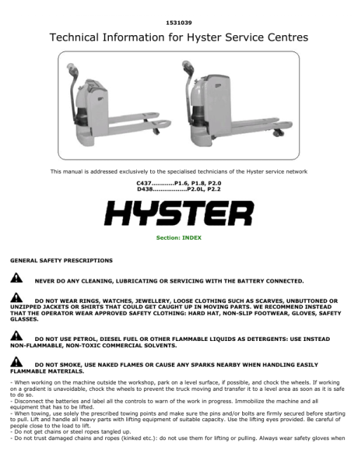 Hyster P2.0L, P2.2 Pallet Truck D438 Series Repair Manual