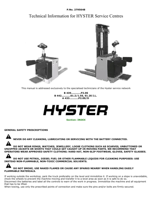 Hyster P2.0S Pallet Truck B439 Series Repair Manual