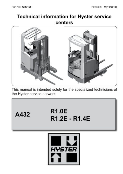 Hyster R1.0E R1.2E R1.4E Reach Truck Forklift A432 Series Repair Manual (EU)