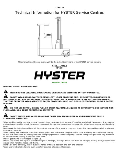 Hyster RM2.0, RM2.5 Electric Four-way Diesel Forklift Truck A461 Series Repair Manual