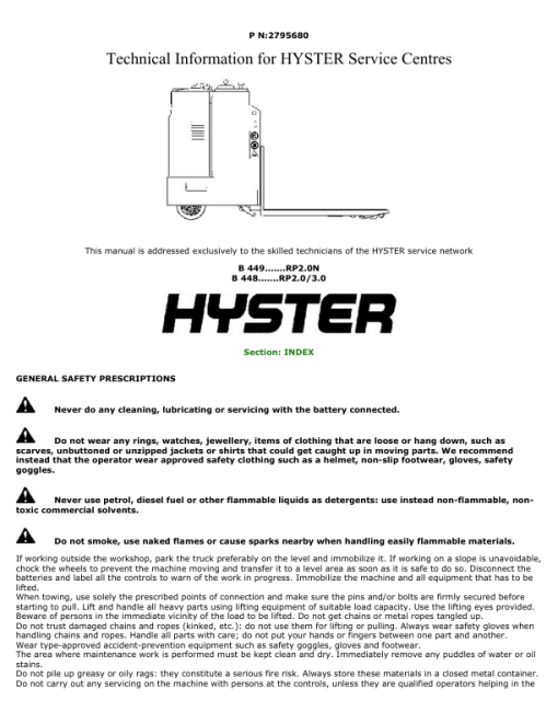 Hyster RP2.0, RP3.0, RP2.0N Electric Pallet Truck B448 Series Repair Manual