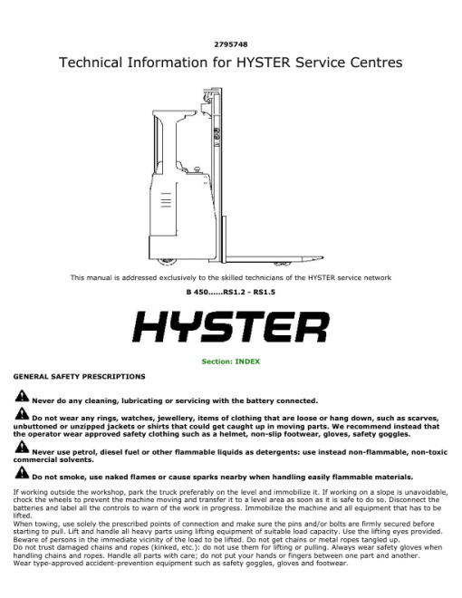 Hyster RS1.2, RS1.5 Electric Seated Rider Stacker B450 Series Repair Manual