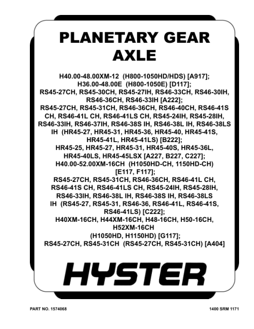 Hyster RS45-27CH, RS45-31CH Reach Stacker A404 Series Repair Manual