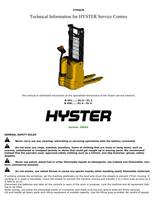 Hyster S1.0, S1.2 Electric Pedestrian Stacker B441 Series Repair Manual