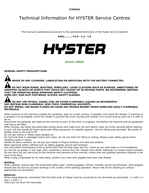 Hyster T1.0, T1.2, T1.5 Electric Forklift Truck A462 Series Repair Manual