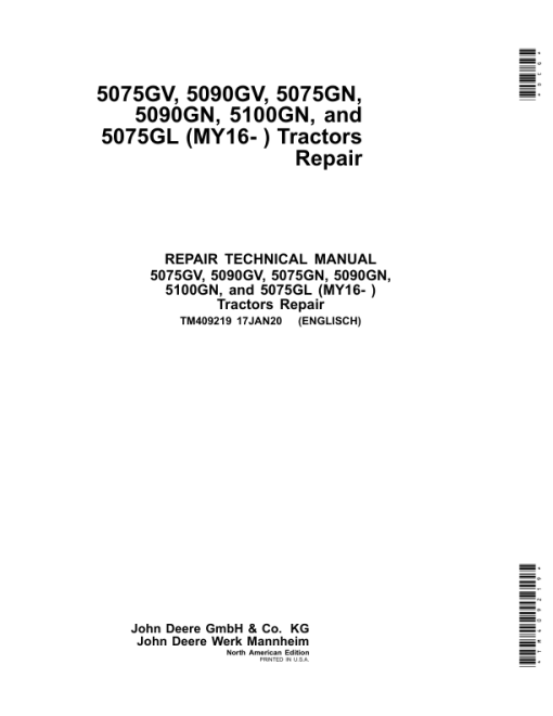 John Deere 5075GV, 5075GN, 5075GL, 5090GN, 5090GV, 5100GN Tractors Repair Manual (F5D & F5G-FT4, MY16-MY19)