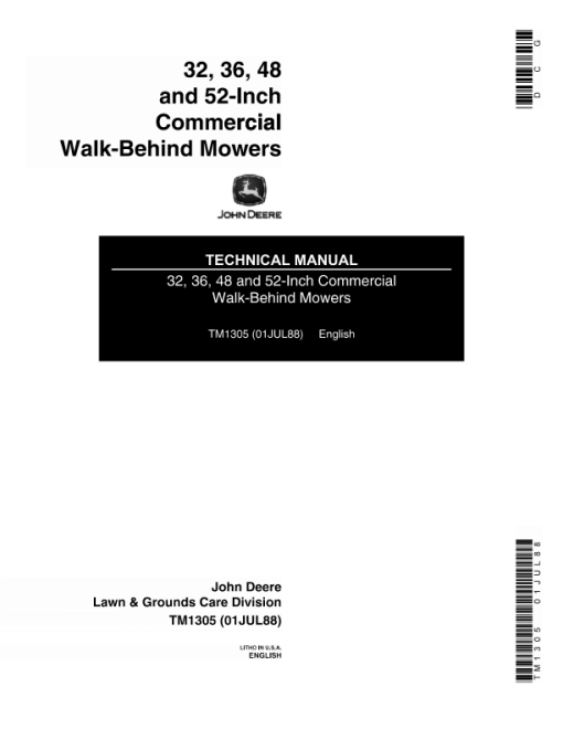 John Deere 32, 36, 48, 52 inch Commercial Walk Behind Mowers Repair Manual (TM1305)