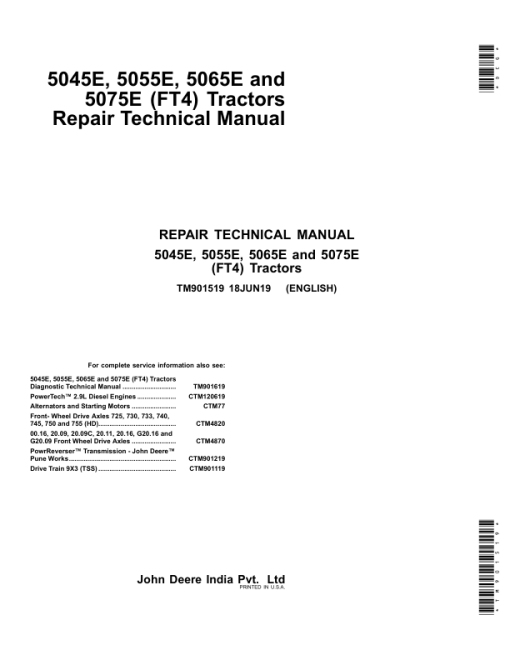 John Deere 5045E, 5055E, 5065E, 5075E (FT4) Tractors Repair Manual (N.A - MY14-MY17)