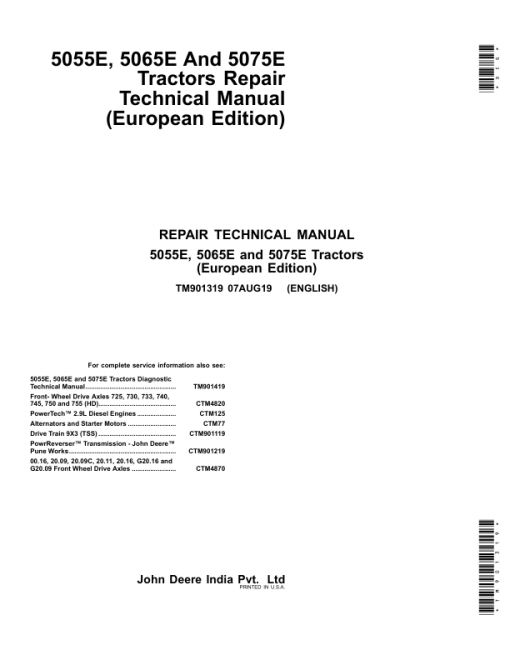 John Deere 5055E, 5065E, 5075E Tractors Repair Manual (Europe - (TM901319 and TM901419)