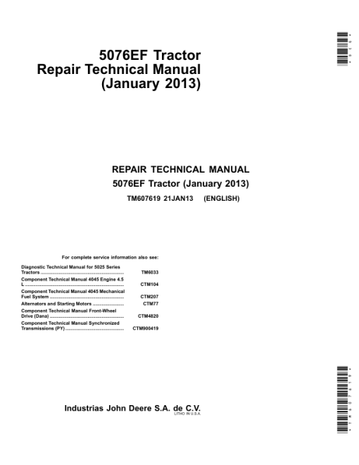 John Deere 5076EF Tractor Diagnostic Repair Manual (TM607619 and TM609719)