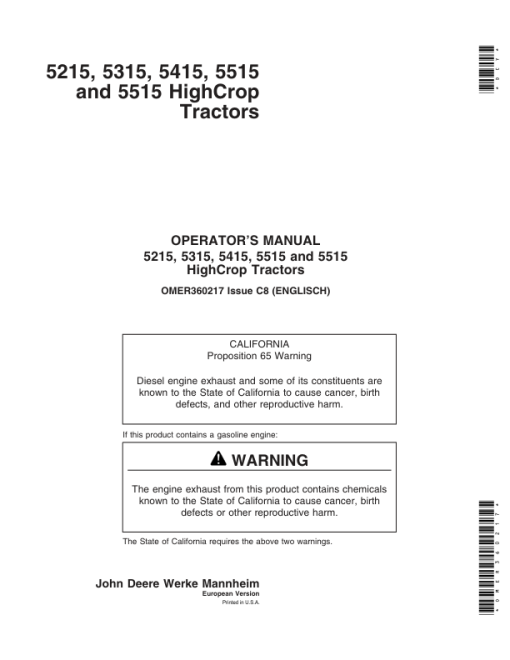 John Deere 5215, 5315, 5415, 5515, 5515 High Crop Tractors Repair Manual (Europe - (TM4856)