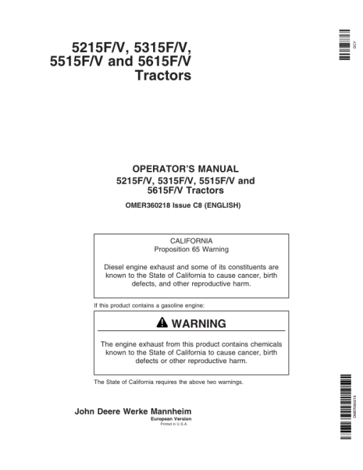 John Deere 5215F, 5215V, 5315F, 5315V, 5515F, 5515V, 5615F, 5615V Tractors Repair Manual - Image 2