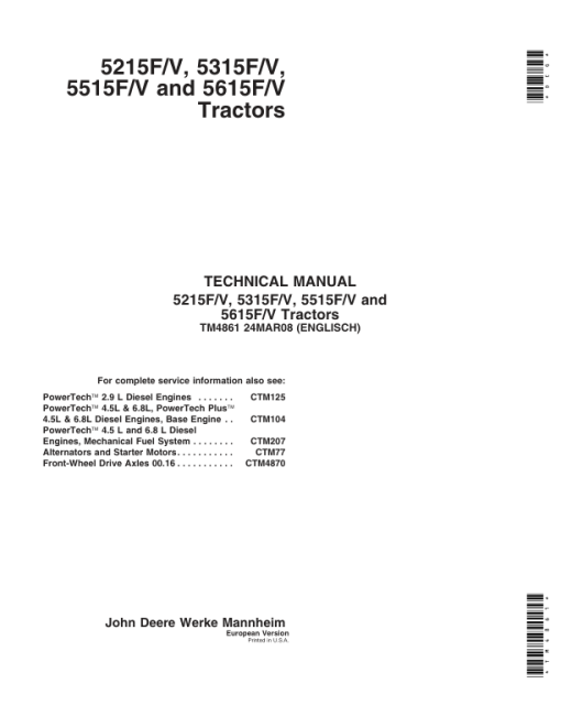 John Deere 5215F, 5215V, 5315F, 5315V, 5515F, 5515V, 5615F, 5615V Tractors Repair Manual