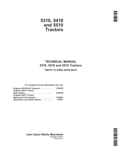 John Deere 5310, 5410, 5510 Tractors Service Repair Manual (Europe - (TM4767)