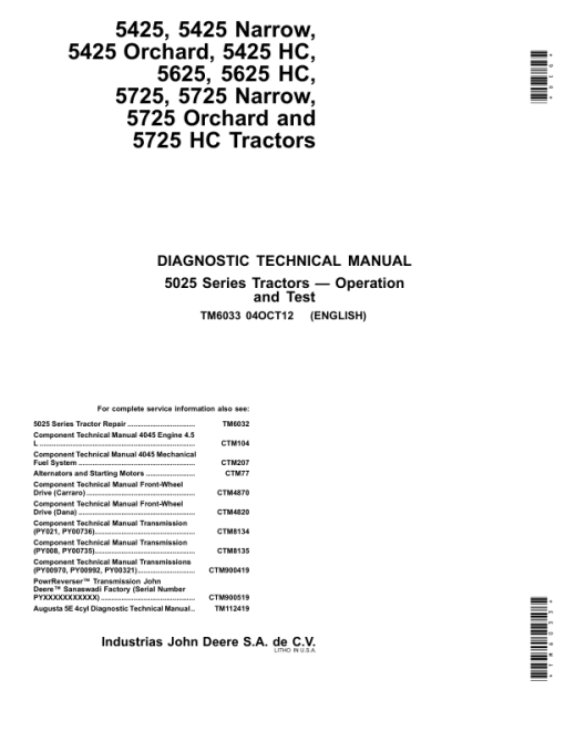 John Deere 5425, 5425 Narrow, 5425 Orchard, 5425 HC, 5625, 5625 HC Tractors Repair Manual - Image 4