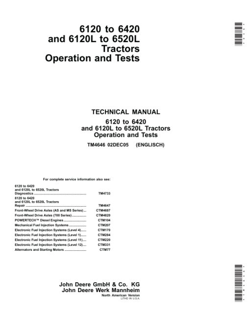 John Deere 6120, 6220, 6320, 6420 Tractors Repair Manual (North America - S.N 100001 - 398790) - Image 2