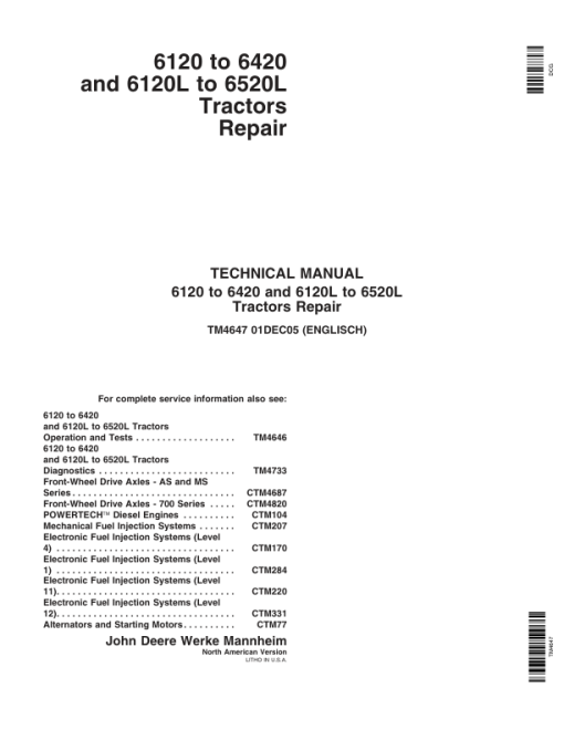 John Deere 6120L, 6220L, 6320L, 6420L, 6520L Tractors Repair Manual (North America - S.N 100001 - 398790)