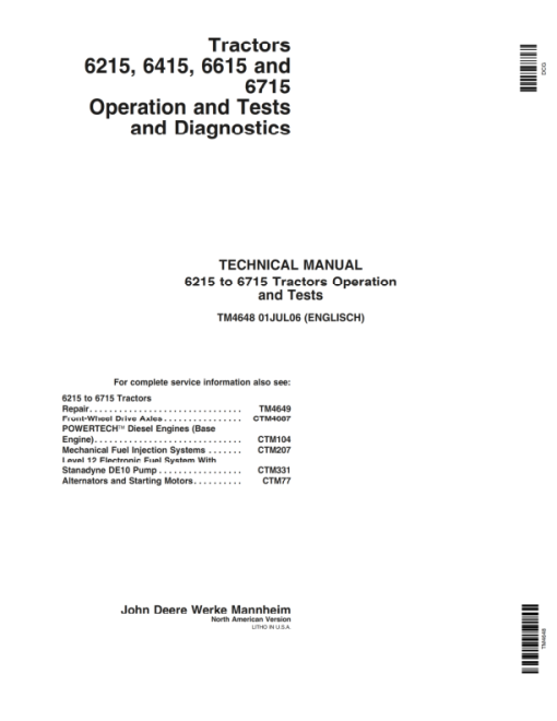 John Deere 6215, 6415, 6615, 6715 Tractors Service Repair Manual (North America _ (TM4648 and TM4649)