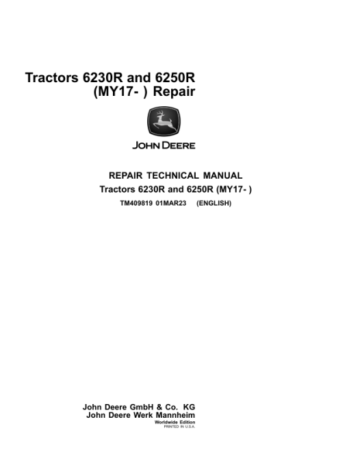 John Deere 6230R, 6250R Tractors Service Repair Manual (MY17 - )