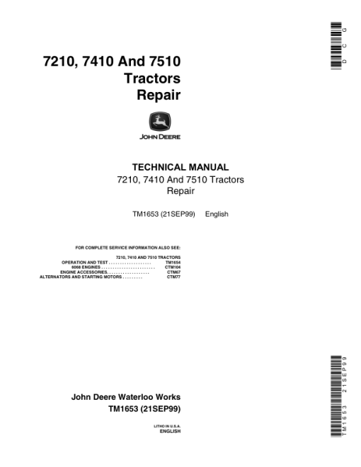 John Deere 7210, 7410, 7510 Tractors Service Repair Manual (TM1653 and TM1654)