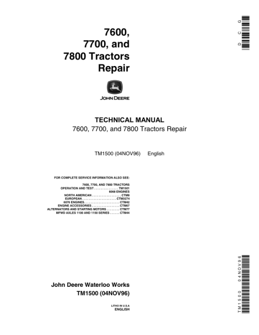 John Deere 7600, 7700, 7800 Tractors Service Repair Manual (TM1500 and TM1501)