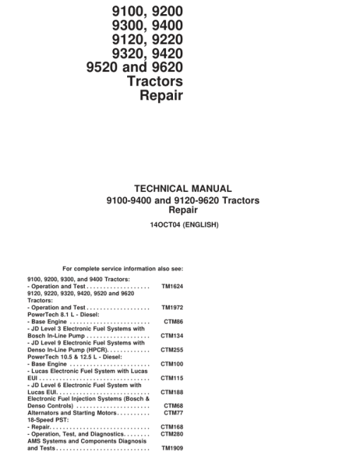 John Deere 9100, 9200, 9300, 9400 Tractors Repair Manual (TM1623 and TM1624)