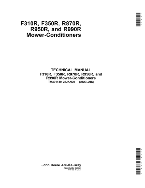 John Deere F310R, F350R, R870R, R950R, R990R Mower Conditioners Repair Manual (TM3101419)