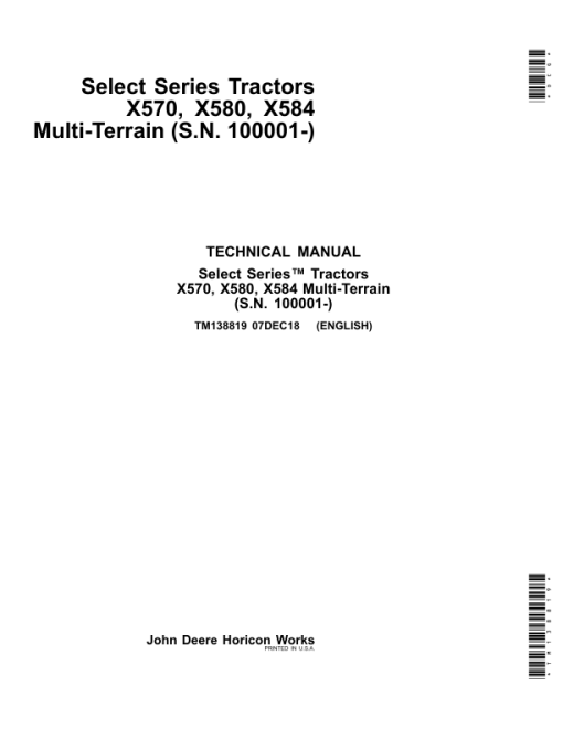 John Deere X570, X580, X584 Lawn Tractors Repair Manual (S.N. 100001-) (TM138819)