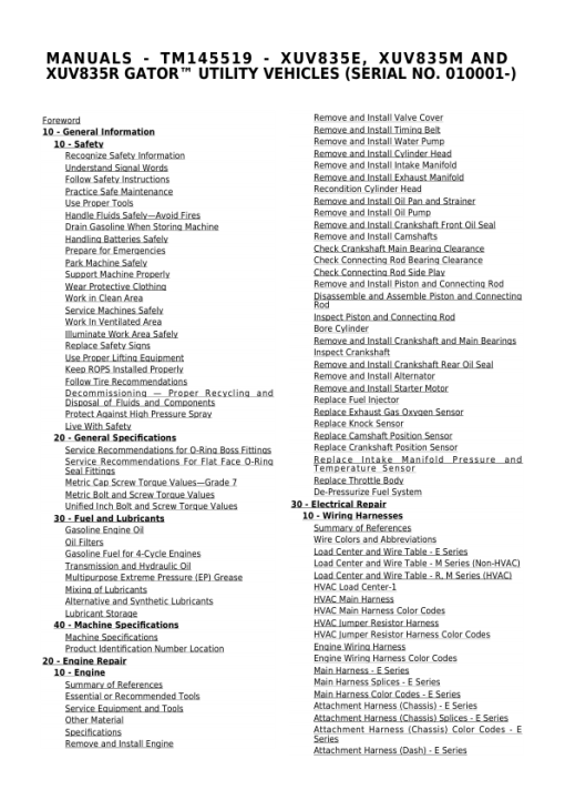 John Deere XUV835E, XUV835M, XUV835R Gator Utility Vehicle Repair Manual (TM145519)