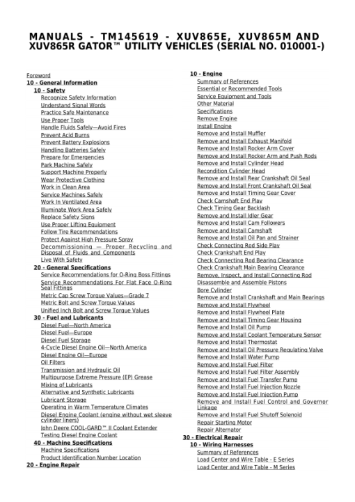 John Deere XUV865E, XUV865M, XUV865R Gator Utility Vehicle Repair Manual (TM145619)