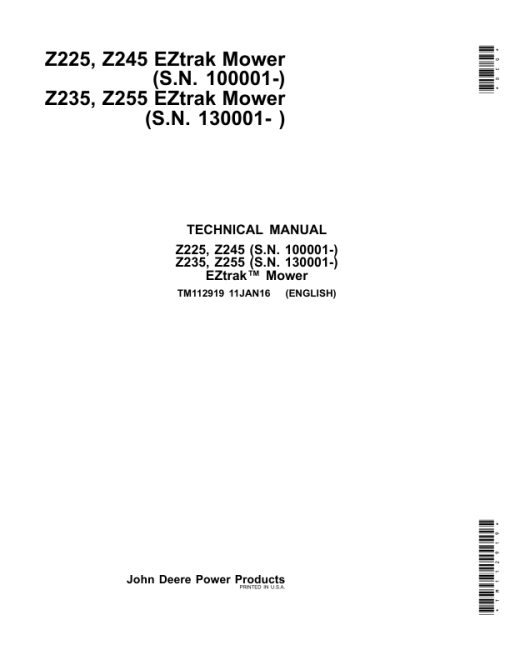 John Deere Z225, Z235, Z245, Z255 EZtrak Mower Repair Manual (TM112919)