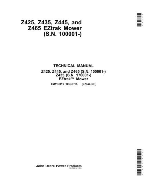 John Deere Z425, Z435, Z445, Z465 EZtrak Mower Repair Manual (TM113019) (S.N. 100001-)