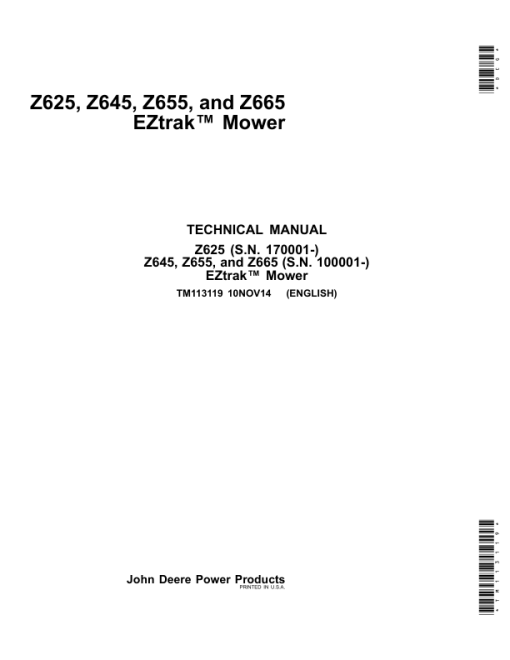 John Deere Z625, Z645, Z655, Z665 EZtrak Mower Repair Manual (TM113119)