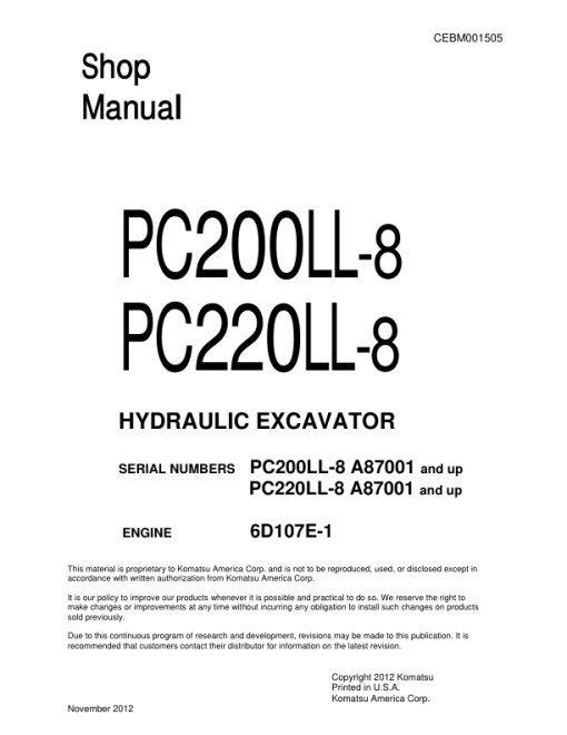 Komatsu PC200LL-8, PC220LL-8 Excavator Service Repair Manual