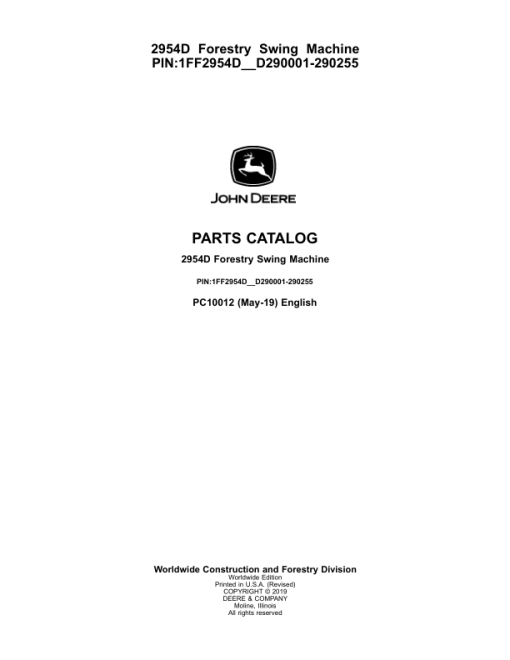 John Deere 2954D Swing Machines Parts Catalog Manual - PC10012