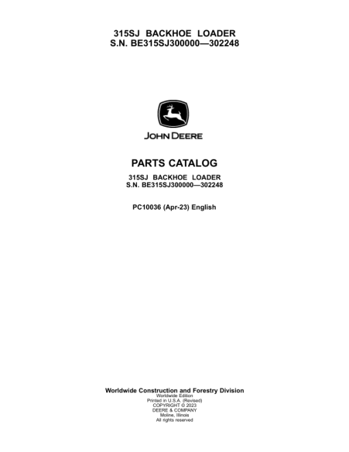 John Deere 315SJ Backhoe Loaders Parts Catalog Manual - PC10036