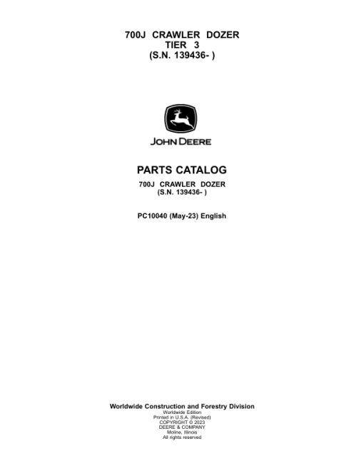 John Deere 700J Tier 3 Crawler Dozers (SN 139436- ) Parts Catalog Manual - PC10040