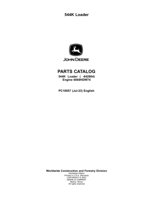 John Deere 544K Loaders (SN -642664) Parts Catalog Manual - PC10057