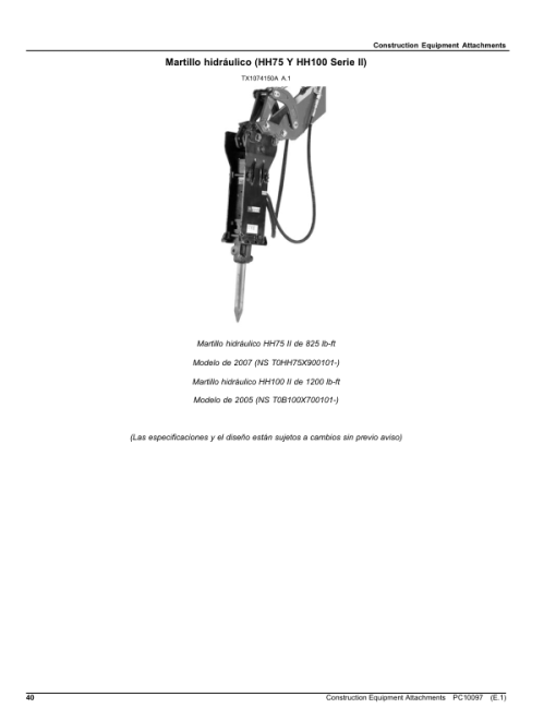 John Deere HH75, HH100, SP10B, SP12B, PA40 (Breaker & Snow Push & Auger) Parts Catalog Manual - PC10097 - Image 2