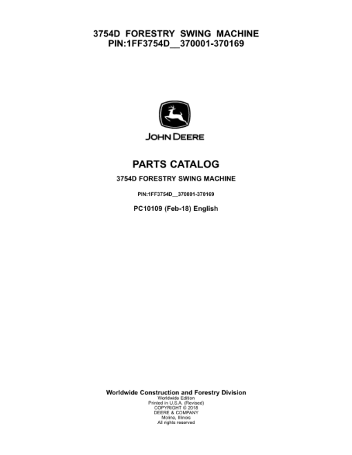 John Deere 3754D Swing Machines Parts Catalog Manual - PC10109