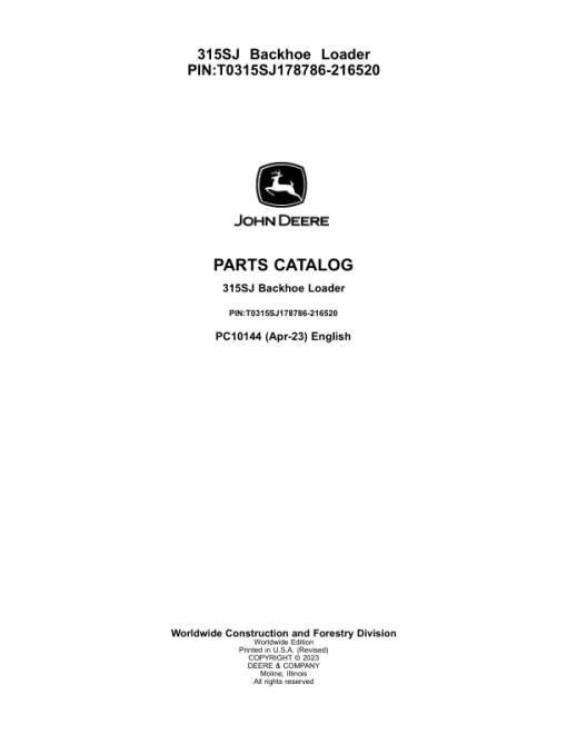 John Deere 315SJ_TX Backhoe Loaders (SN T0315SJ_178786-216520) Parts Catalog Manual - PC10144