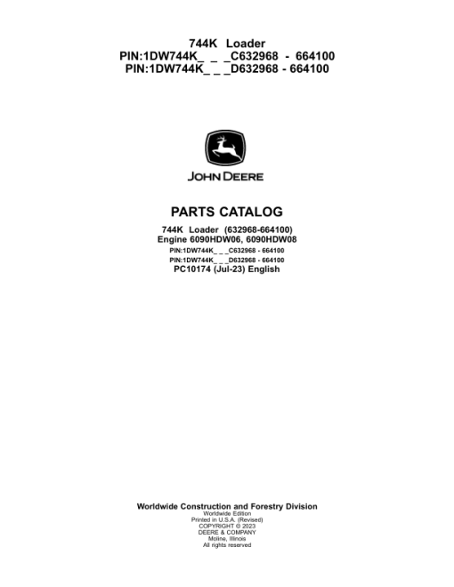 John Deere 744K Loaders (SN C632968-664100 & D632968-664100) Parts Catalog Manual - PC10174