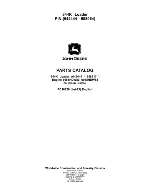 John Deere 644K Loaders (SN 642444 - 658064) Parts Catalog Manual - PC10226