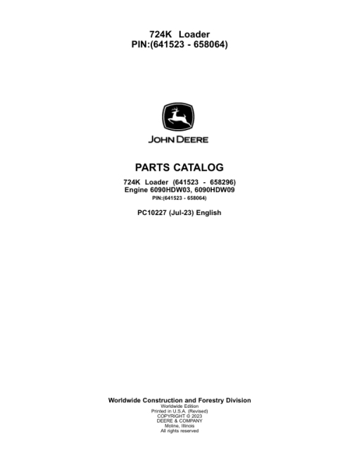 John Deere 724K Loaders (SN 641523 - 658064) Parts Catalog Manual - PC10227