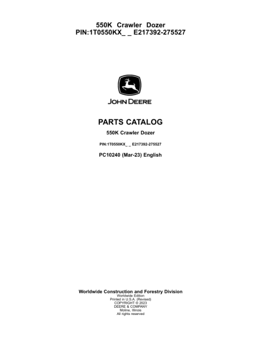 John Deere 550K Crawler Dozers (SN E217392-275527) Parts Catalog Manual - PC10240