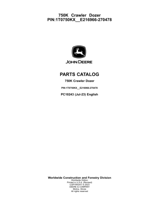 John Deere 750K Crawler Dozers (SN E216966-270478) Parts Catalog Manual - PC10243