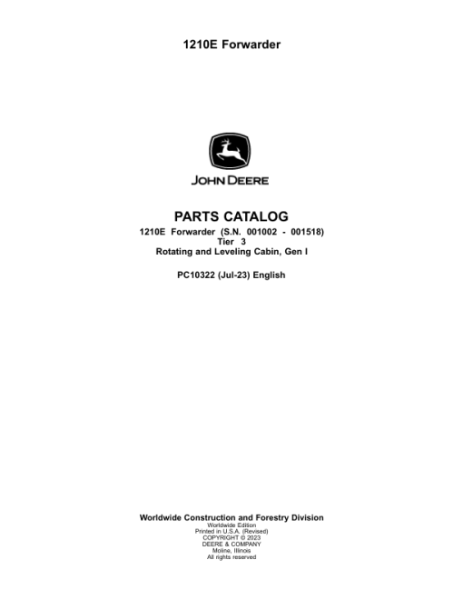 John Deere 1210E T3 Forwarders (SN 001002 - 001518) Parts Catalog Manual - PC10322