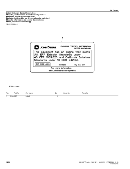 John Deere 9510RT Scraper Tractors (SN 900101-905999) Parts Catalog Manual - PC10586 - Image 4