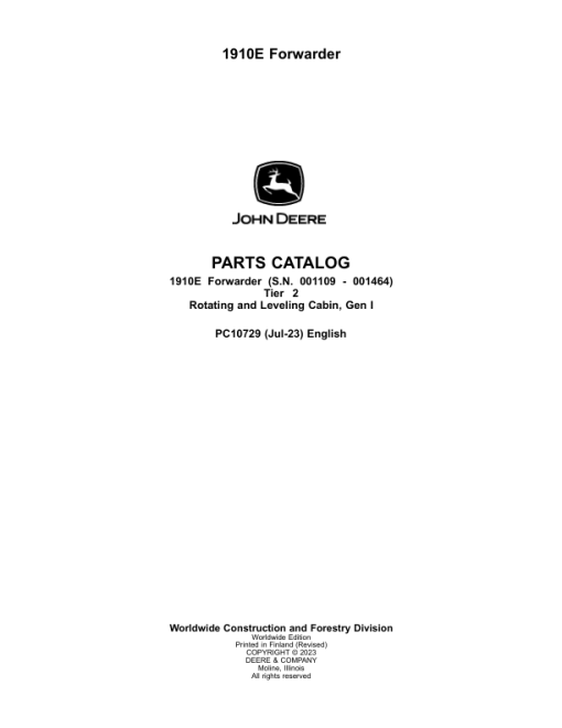 John Deere 1910E T2 Forwarders (SN 001109 - 001464) Parts Catalog Manual - PC10729